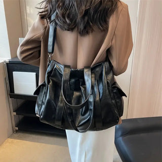 Grand sac à main bandoulière en cuir noir pour les cours pour femme