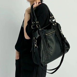 Grand sac à main bandoulière pour femme et pour les cours en cuir noir