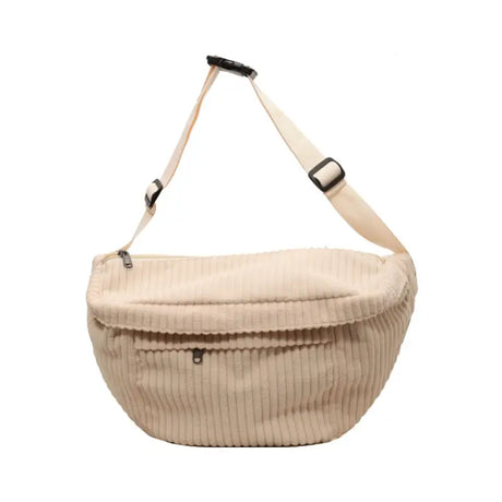 Grand sac banane beige en velours côtelé pour femme