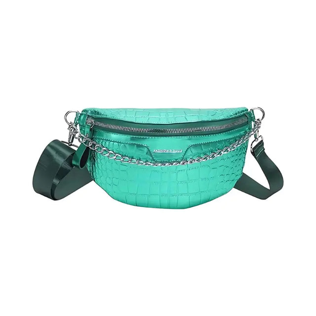 Sac banane à bandoulière de luxe en cuir métallisé vert pour femme - sac-banane-boutique