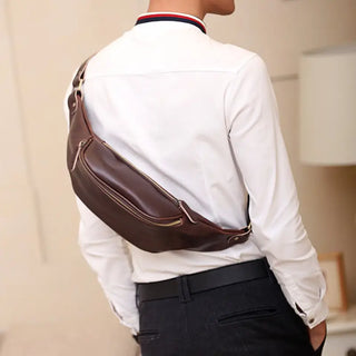 Sac banane de luxe pour homme en cuir marron lisse - sac-banane-boutique