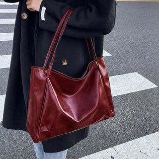 Grand sac à main tendance en cuir rouge bordeaux pour les cours pour femme