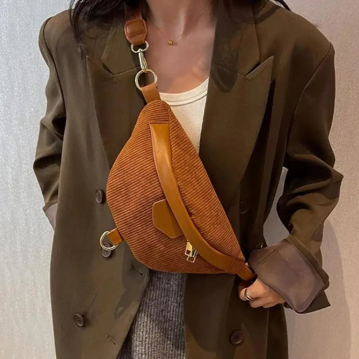 Sac banane en velours côtelé marron camel pour femme - sac-banane-boutique