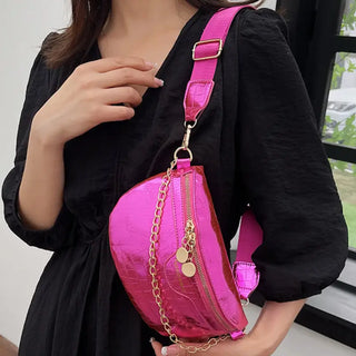 Sac banane rose à bandoulière en cuir métallisé pour femme - sac-banane-boutique